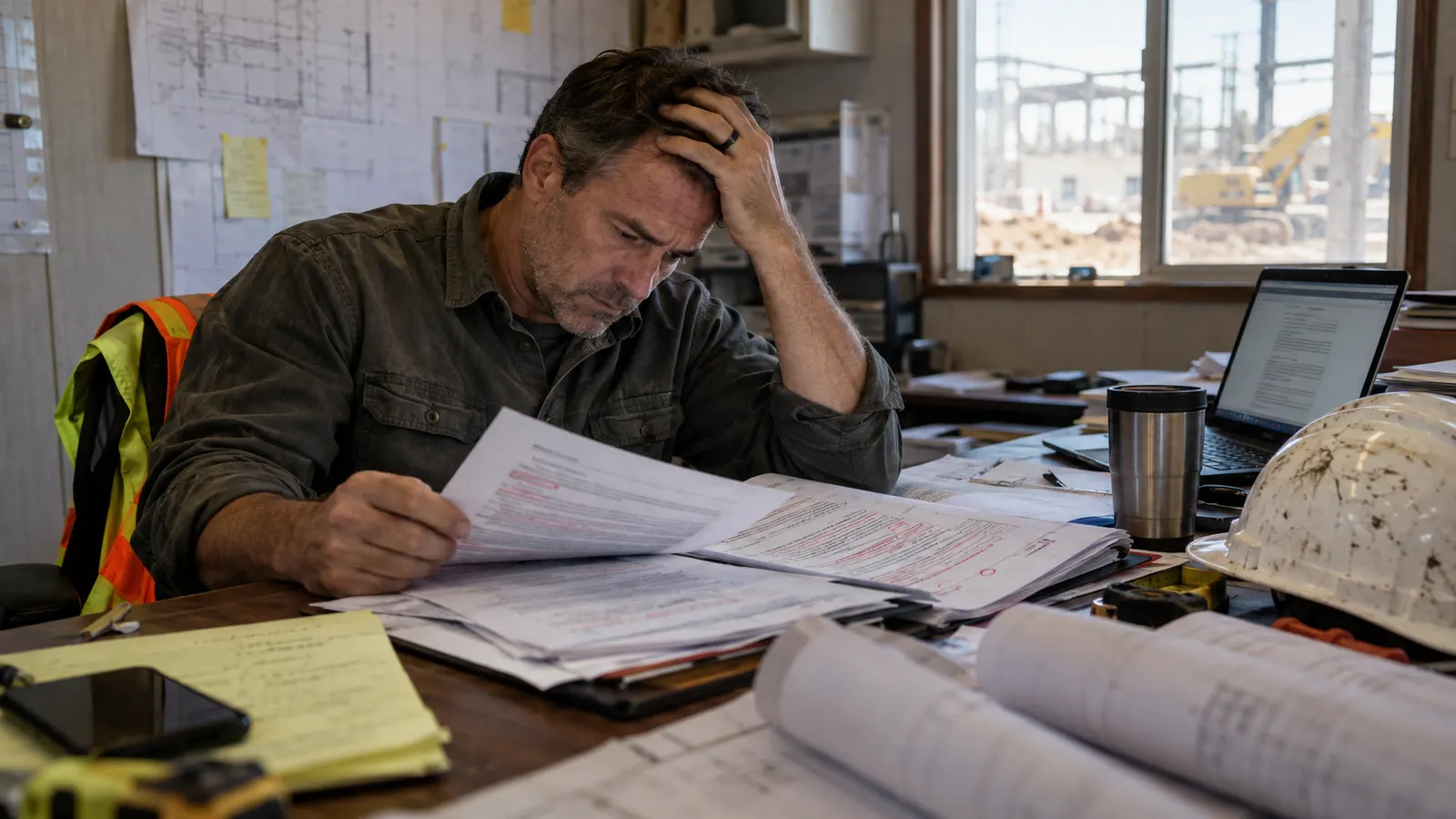 A subcontractor alone in a jobsite trailer, hand on his head, reading a contract covered in red markup